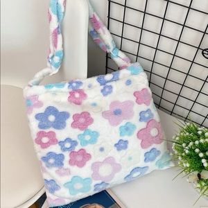 Tote crossbody bag white rainbow flower plush soft womens pink